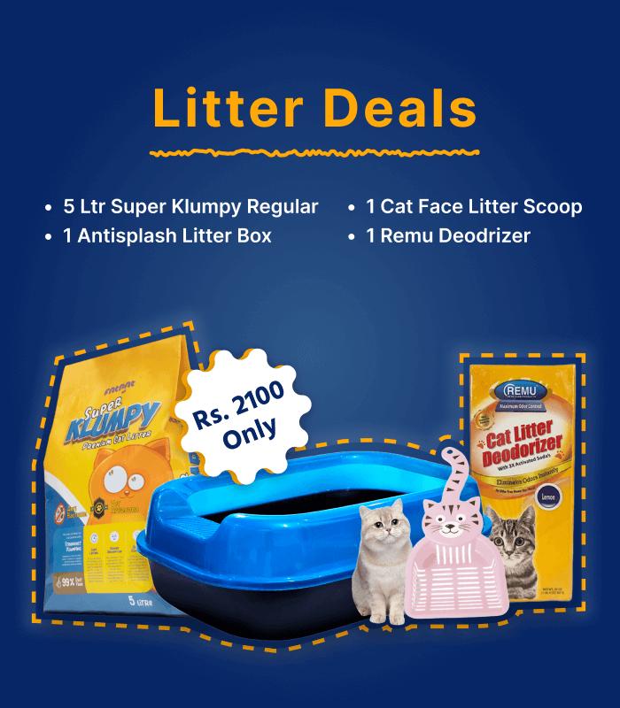 Litter Deals Product Image Litter Deal Items (5Ltr Regular Litter Sand, Litter box Anti Splash, Cat Face Scoop, Remu Deodrizer) - Image 1